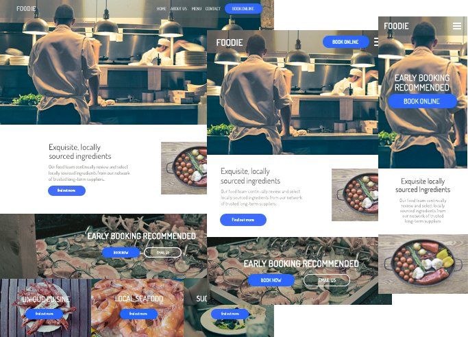 Example restuarant website demonstrating the layouts for different screen sizes, desktop computer, tablet display and a popular layout showing for smartphones.