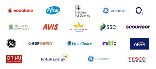 logos of some of the businesses, organisations and corporations I have previously worked with, includes; Tesco, General Electric, British Energy, O2, First Choice Holidays, SSE, Ministry of Defence, Avis, Securicor, Doctor Wu, GE Capital, House of Commons, EDF Energy, Vodafone, Pfizer, NTL, GE Aviation, Ofsted and British American Tobacco.